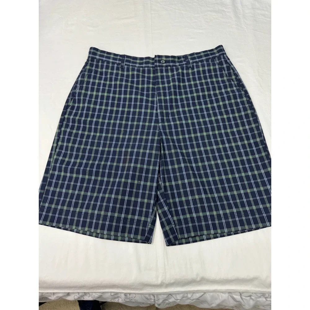 IZOD XFG Plaid Golf Shorts Mens 34 Navy Blue Lime Green Cotton Blend